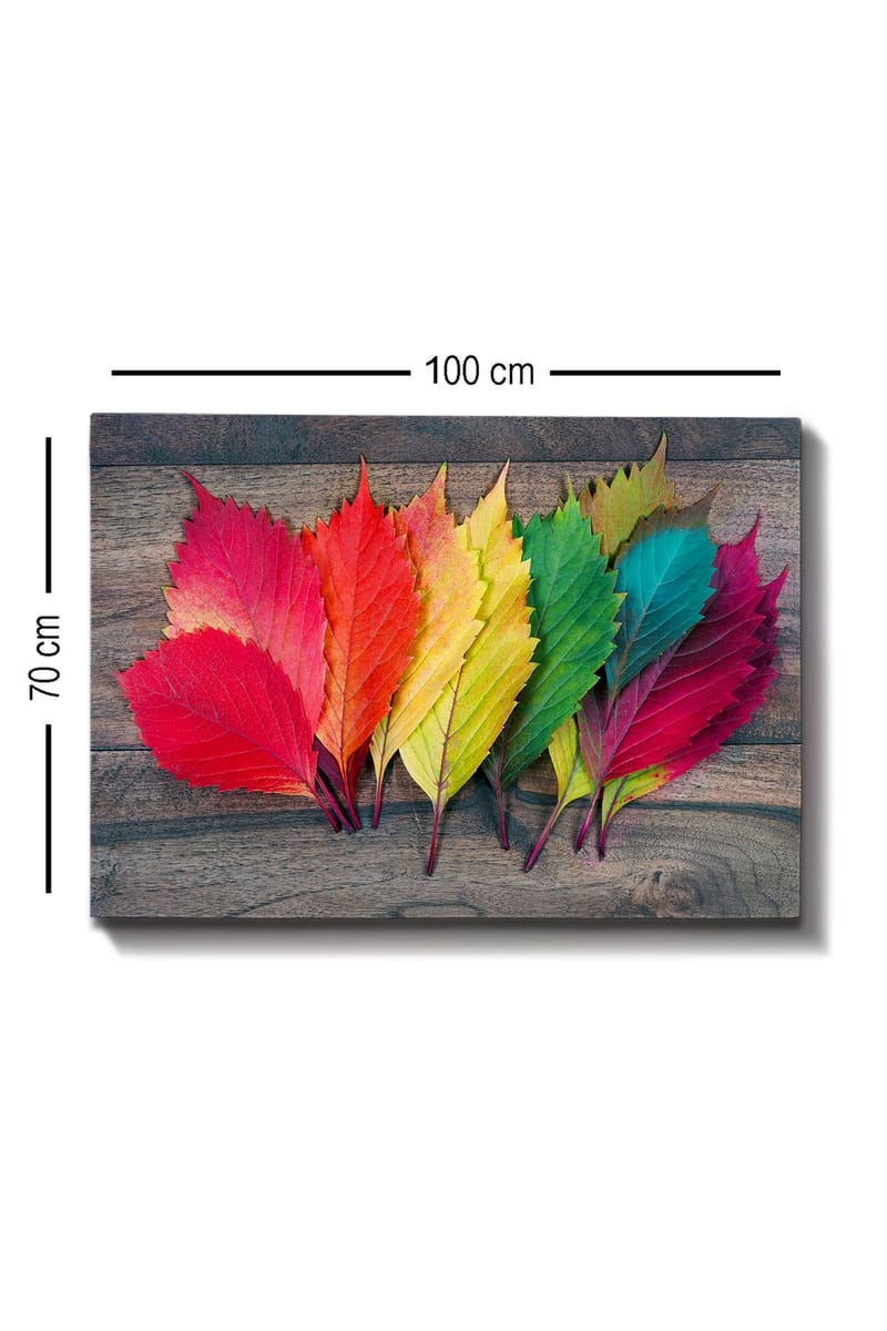 Canvas taulu 70x100 cm - Värikkäät syksyn lehdet eri sävyissä puupinnalla - Punainen / Vihreä / Keltainen - Sisustustuotteet - Taulu & taide - Canvas-taulu