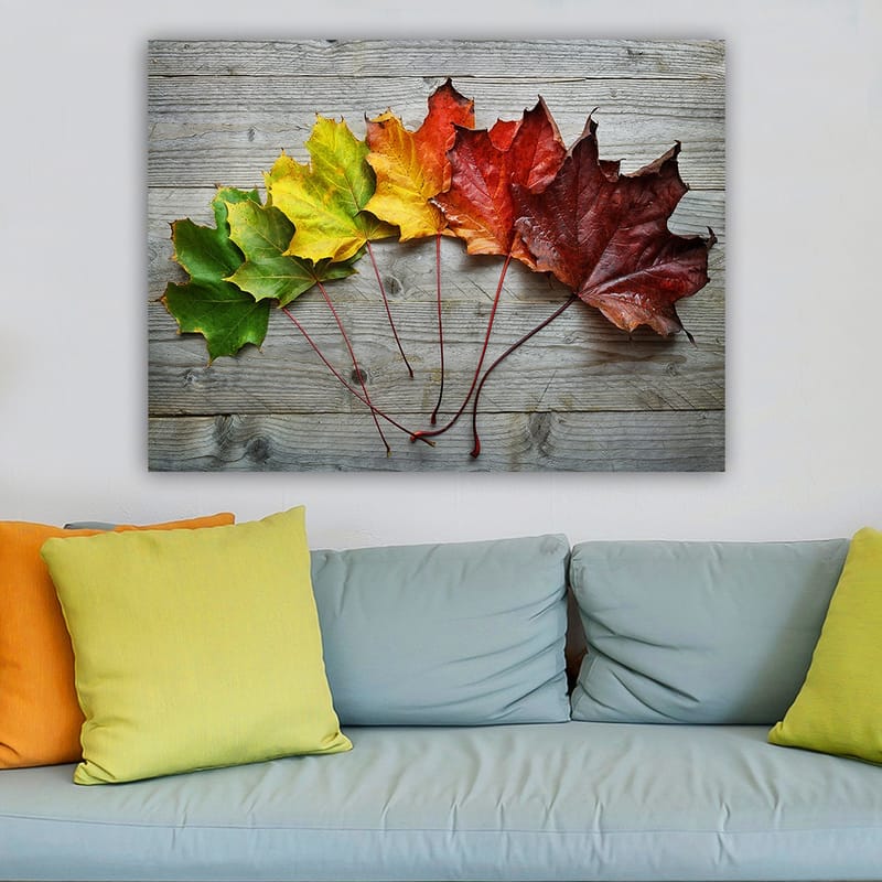 Canvas taulu 70x100 cm - Värikkäiden syksynlehtien kokoelma eri sävyissä puupinnalla - Vihreä / Keltainen / Punainen - Sisustustuotteet - Taulu & taide - Canvas-taulu