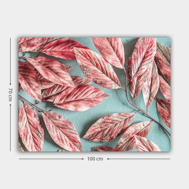 Canvas taulu 70x100 cm - Värikkäitä lehtiä vaaleanpunaisissa ja punaisissa sävyissä vaaleansinistä taustaa vasten - Vaaleanpunainen / Vaaleansininen - Sisustustuotteet - Taulu & taide - Canvas-taulu