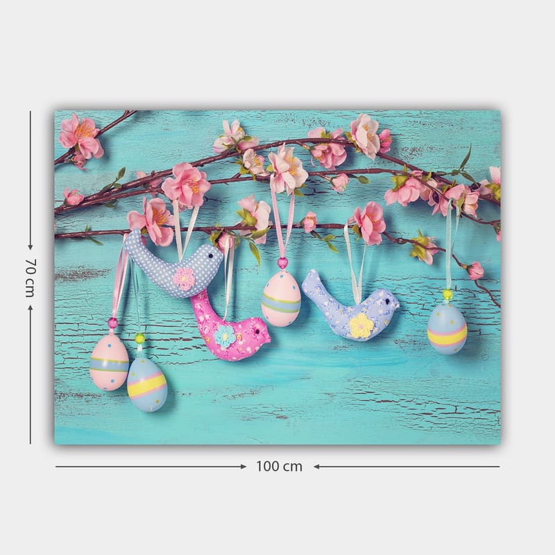 Canvas taulu 70x100 cm - Värikkäitä lintuja ja munia roikkumassa oksalla kukkien kanssa - Sininen / Vaaleanpunainen / Vihreä - Sisustustuotteet - Taulu & taide - Canvas-taulu