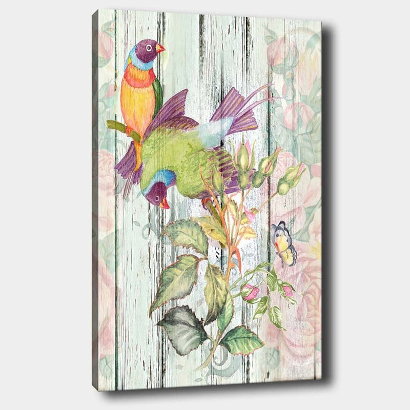 Canvas taulu 70x100 cm - Värikkäitä lintuja kukkivalla oksalla - Vihreä / Sininen / Oranssi - Sisustustuotteet - Taulu & taide - Canvas-taulu