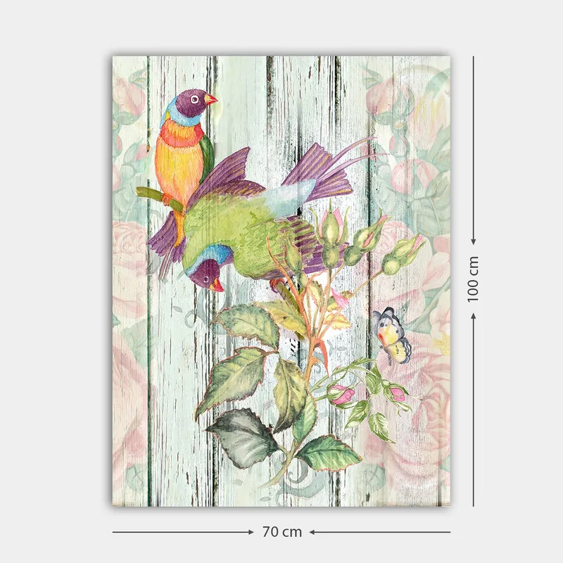 Canvas taulu 70x100 cm - Värikkäitä lintuja kukkivalla oksalla - Vihreä / Sininen / Oranssi - Sisustustuotteet - Taulu & taide - Canvas-taulu
