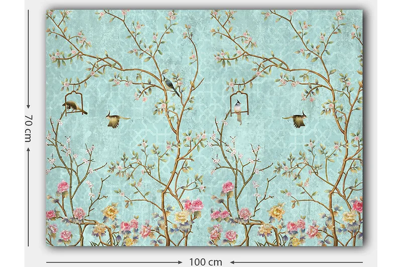 Canvas taulu 70x100 cm - Värikkäitä lintuja oksilla kukkien kanssa vaaleansinistä taustaa vasten - Vaaleansininen / Vaaleanpunainen / Ruskea - Sisustustuotteet - Taulu & taide - Canvas-taulu