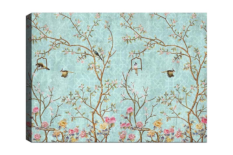Canvas taulu 70x100 cm - Värikkäitä lintuja oksilla kukkien kanssa vaaleansinistä taustaa vasten, Vaaleansininen / Vaaleanpunainen / Ruskea