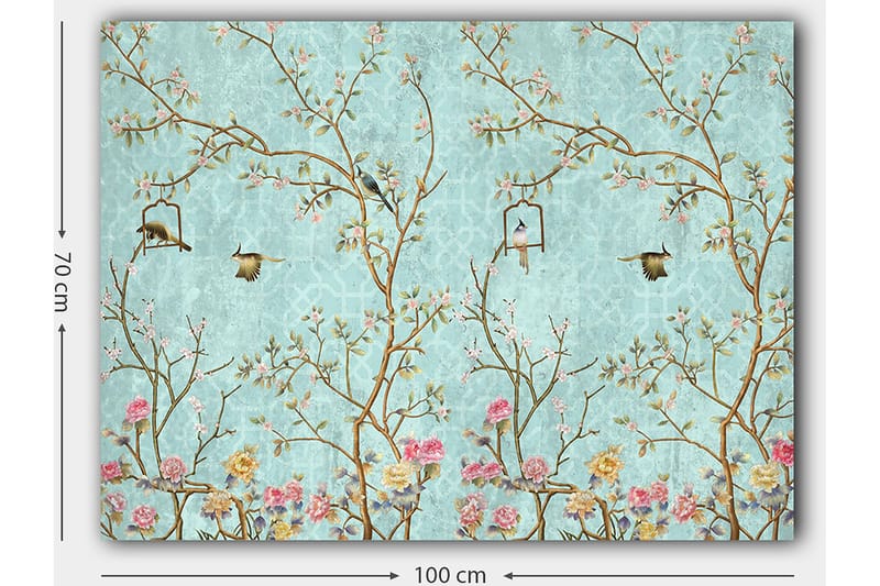Canvas taulu 70x100 cm - Värikkäitä lintuja oksilla kukkien kanssa vaaleansinistä taustaa vasten - Vaaleansininen / Vaaleanpunainen / Ruskea - Sisustustuotteet - Taulu & taide - Canvas-taulu