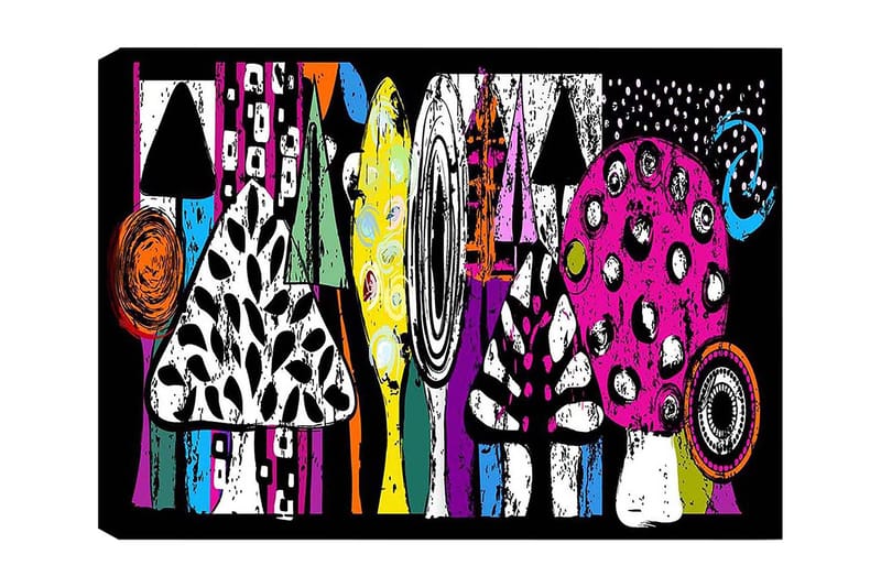 Canvas taulu 70x100 cm - Värikkäitä sieniä ja abstrakteja muotoja leikkisässä sommitelmassa, Vaaleanpunainen / Musta / Vihreä