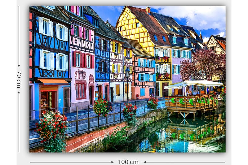 Canvas taulu 70x100 cm - Värikkäitä taloja kanavan varrella viehättävässä kaupunkiympäristössä - Sininen / Vaaleanpunainen / Keltainen - Sisustustuotteet - Taulu & taide - Canvas-taulu