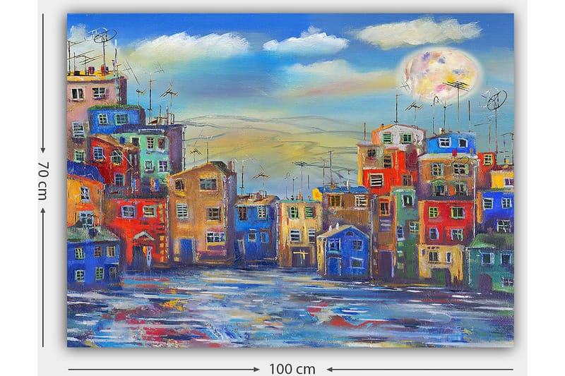 Canvas taulu 70x100 cm - Värikkäitä taloja kaupunkiympäristössä kirkkaan taivaan alla suuren kuun kanssa - Sininen / Punainen / Keltainen - Sisustustuotteet - Taulu & taide - Canvas-taulu