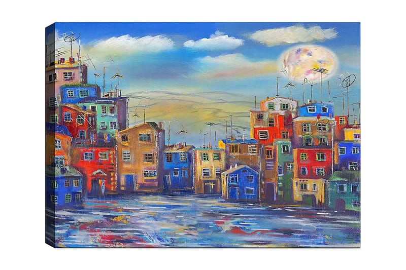 Canvas taulu 70x100 cm - Värikkäitä taloja kaupunkiympäristössä kirkkaan taivaan alla suuren kuun kanssa, Sininen / Punainen / Keltainen