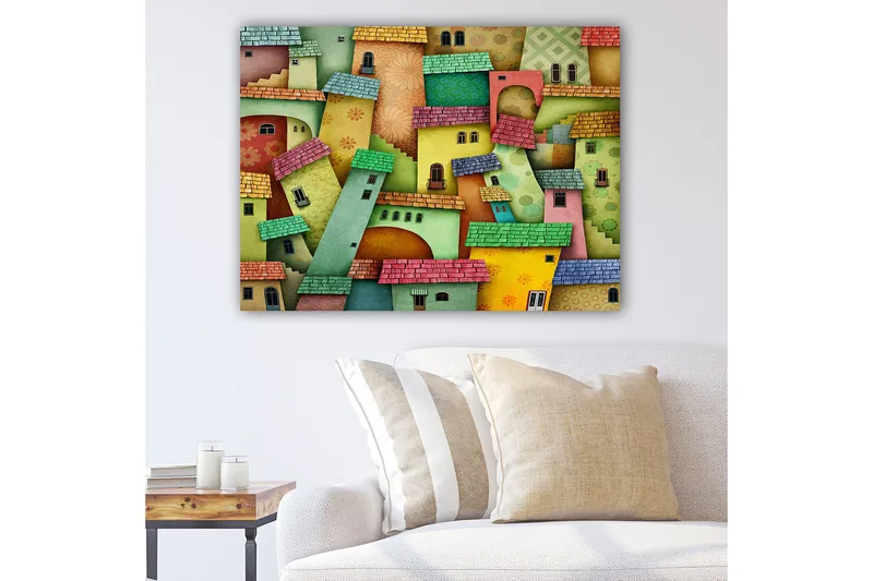 Canvas taulu 70x100 cm - Värikkäitä taloja mielikuvituksellisessa kaupunkikuvassa, Vihreä / Keltainen / Punainen