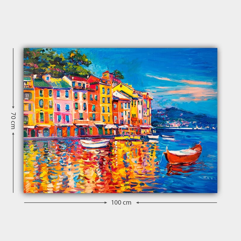 Canvas taulu 70x100 cm - Värikkäitä taloja satamassa ja veneitä heijastumassa vedessä - Sininen / Oranssi / Keltainen - Sisustustuotteet - Taulu & taide - Canvas-taulu