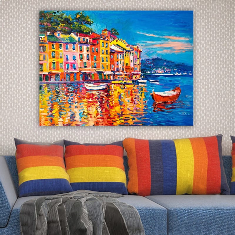 Canvas taulu 70x100 cm - Värikkäitä taloja satamassa ja veneitä heijastumassa vedessä - Sininen / Oranssi / Keltainen - Sisustustuotteet - Taulu & taide - Canvas-taulu