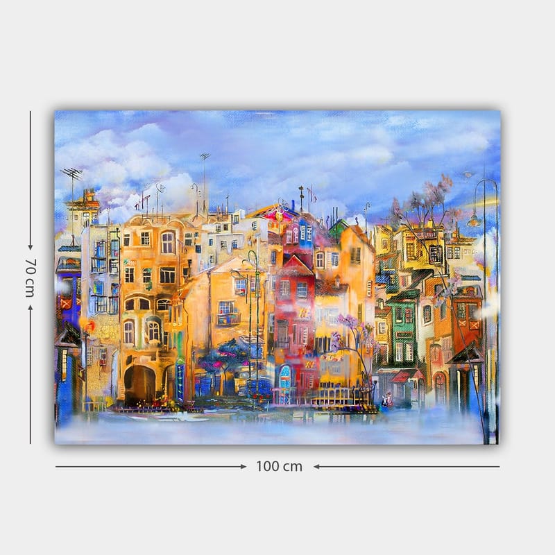 Canvas taulu 70x100 cm - Värikkäitä taloja veden äärellä vilkkaassa kaupunkiympäristössä - Keltainen / Punainen / Sininen - Sisustustuotteet - Taulu & taide - Canvas-taulu