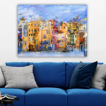 Canvas taulu 70x100 cm - Värikkäitä taloja veden äärellä vilkkaassa kaupunkiympäristössä - Keltainen / Punainen / Sininen - Sisustustuotteet - Taulu & taide - Canvas-taulu