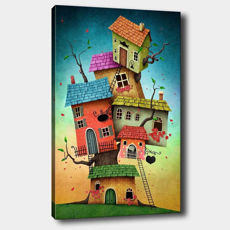 Canvas taulu 70x100 cm - Värikkäitä taloja puusta mielikuvituksellisessa ja leikkisässä sommitelmassa, Punainen / Vihreä / Sininen