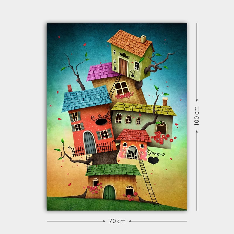 Canvas taulu 70x100 cm - Värikkäitä taloja puusta mielikuvituksellisessa ja leikkisässä sommitelmassa - Punainen / Vihreä / Sininen - Sisustustuotteet - Taulu & taide - Canvas-taulu