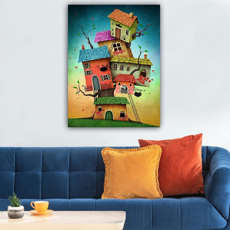 Canvas taulu 70x100 cm - Värikkäitä taloja puusta mielikuvituksellisessa ja leikkisässä sommitelmassa - Punainen / Vihreä / Sininen - Sisustustuotteet - Taulu & taide - Canvas-taulu