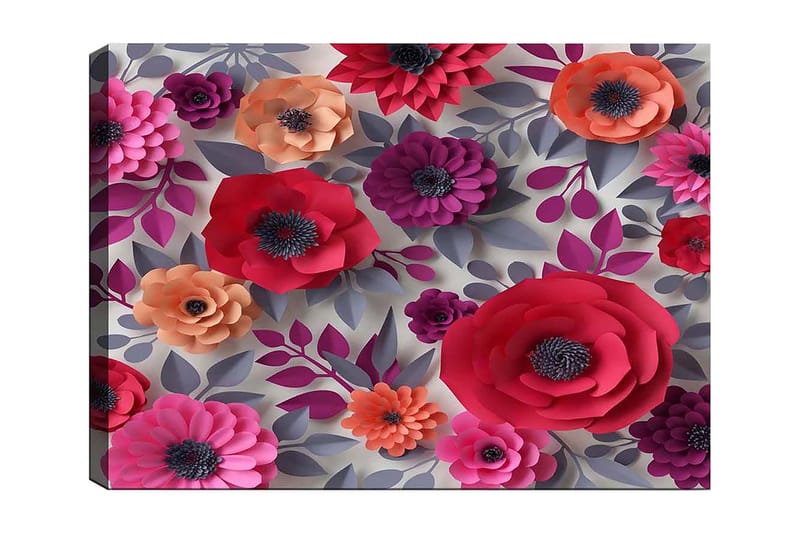 Canvas taulu 70x100 cm - Värikkäitä paperikukkia eri muodoissa ja kokoisina, Tummanpunainen / Violetti / Oranssi