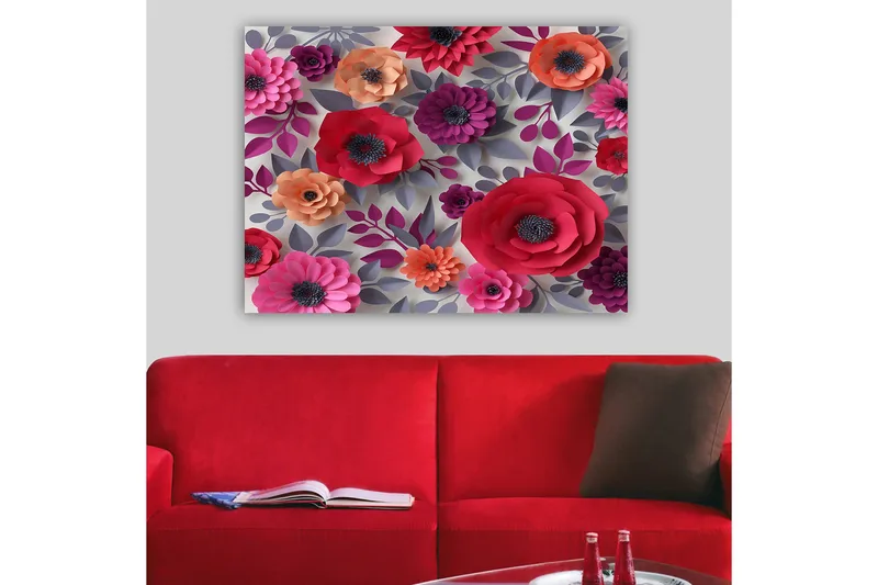 Canvas taulu 70x100 cm - Värikkäitä paperikukkia eri muodoissa ja kokoisina - Tummanpunainen / Violetti / Oranssi - Sisustustuotteet - Taulu & taide - Canvas-taulu