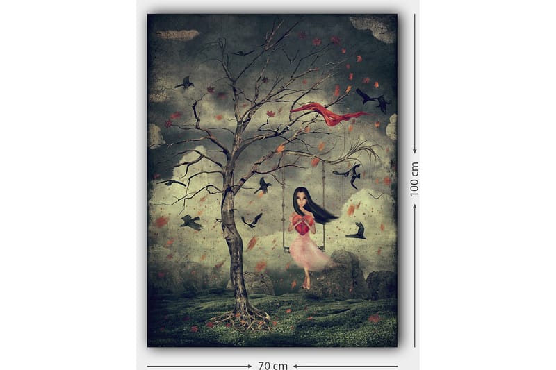 Canvas taulu 70x100 cm - Vaaleanpunaiseen mekkoon pukeutunut tyttö roikkuu puusta unenomaisessa ympäristössä lintujen parveillessa ympärillään - Tummanvihreä / Punainen / Vaaleanpunainen - Sisustustuotteet - Taulu & taide - Canvas-taulu