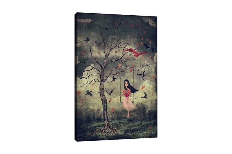 Canvas taulu 70x100 cm - Vaaleanpunaiseen mekkoon pukeutunut tyttö roikkuu puusta unenomaisessa ympäristössä lintujen parveillessa ympärillään, Tummanvihreä / Punainen / Vaaleanpunainen