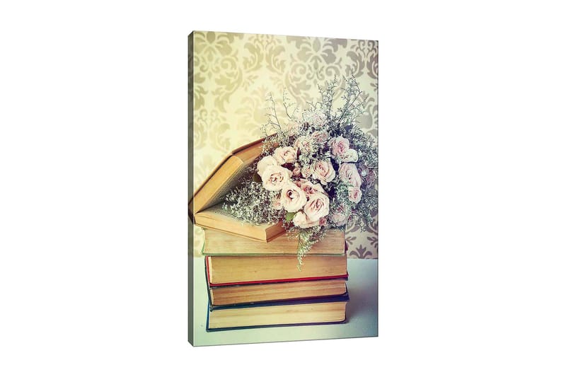 Canvas taulu 70x100 cm - Vaaleanpunaisten ruusujen kimppu kirjapinon päällä, Vaaleanpunainen / Beige / Vihreä