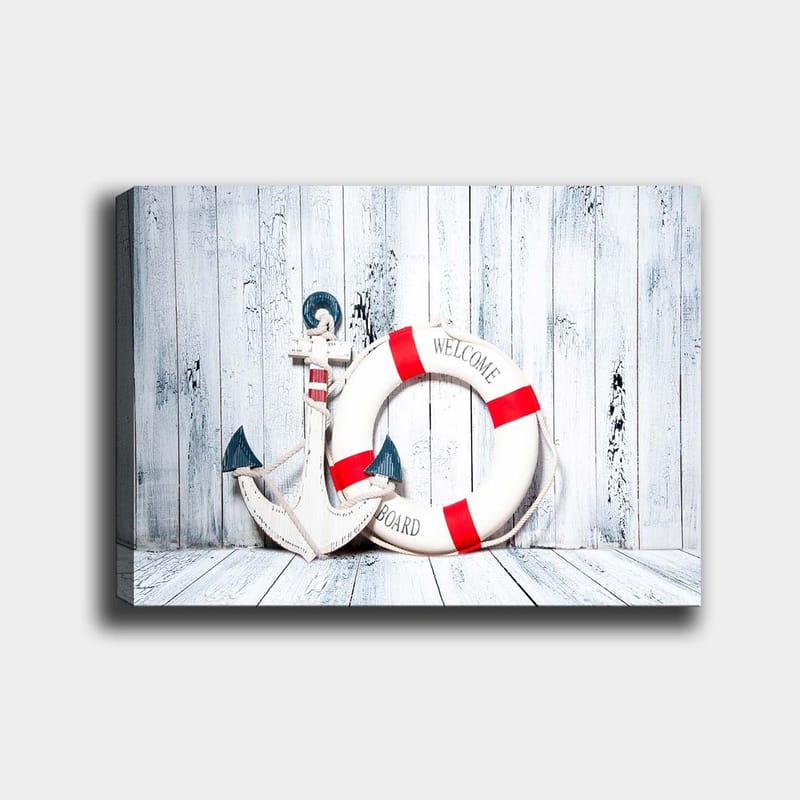 Canvas taulu 70x100 cm - Valkoinen pelastusrengas punaisilla yksityiskohdilla ja ankkurin muotoisella koristeella merihenkisessä tyylissä, Valkoinen / Punainen / Sininen