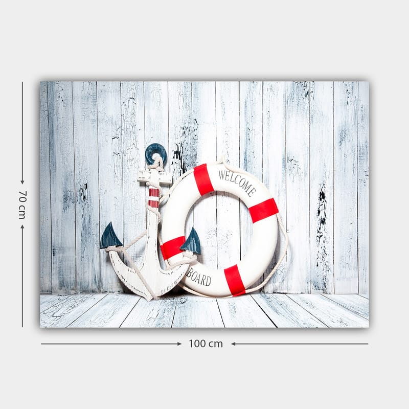 Canvas taulu 70x100 cm - Valkoinen pelastusrengas punaisilla yksityiskohdilla ja ankkurin muotoisella koristeella merihenkisessä tyylissä - Valkoinen / Punainen / Sininen - Sisustustuotteet - Taulu & taide - Canvas-taulu