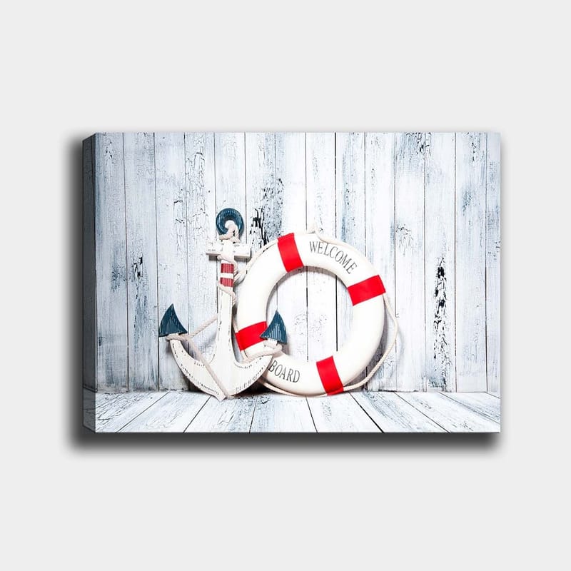 Canvas taulu 70x100 cm - Valkoinen pelastusrengas punaisilla yksityiskohdilla ja ankkurin muotoisella koristeella merihenkisessä tyylissä, Valkoinen / Punainen / Sininen