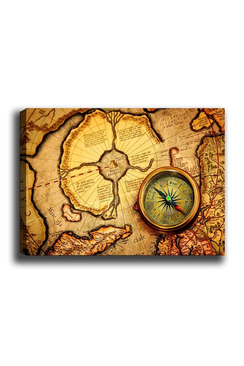Canvas taulu 70x100 cm - Vanha kartta, jonka pääaiheena on kompassi, Kulta / Ruskea / Beige