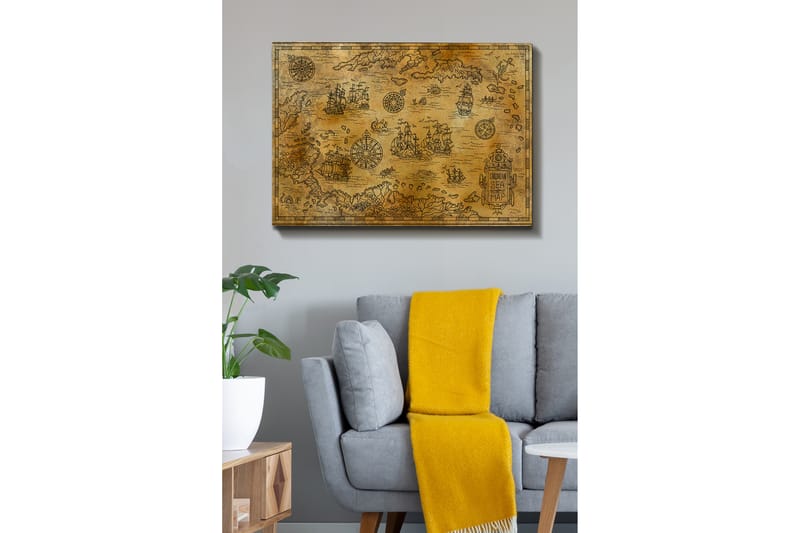 Canvas taulu 70x100 cm - Vanha merikartta yksityiskohtaisilla kuvituksilla laivoista ja navigointisymboleista, Kulta / Ruskea