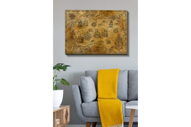 Canvas taulu 70x100 cm - Vanha merikartta yksityiskohtaisilla kuvituksilla laivoista ja navigointisymboleista, Kulta / Ruskea