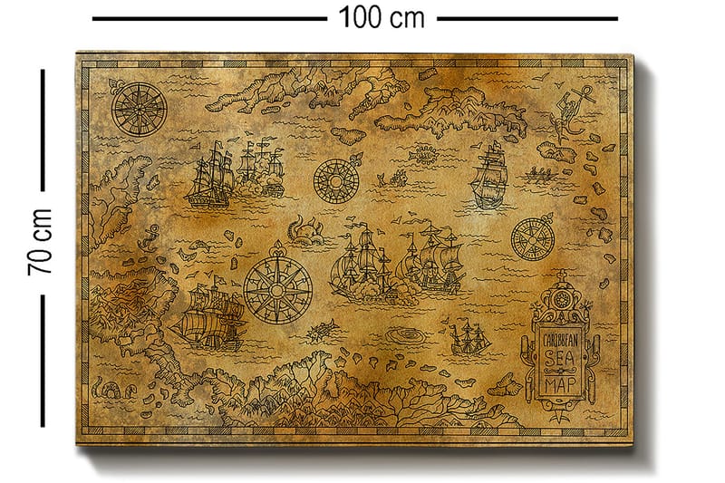 Canvas taulu 70x100 cm - Vanha merikartta yksityiskohtaisilla kuvituksilla laivoista ja navigointisymboleista - Kulta / Ruskea - Sisustustuotteet - Taulu & taide - Canvas-taulu