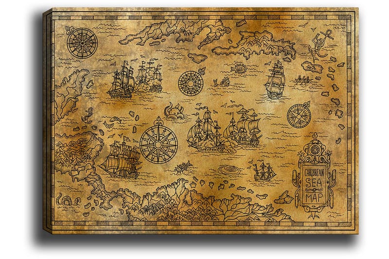 Canvas taulu 70x100 cm - Vanha merikartta yksityiskohtaisilla kuvituksilla laivoista ja navigointisymboleista - Kulta / Ruskea - Sisustustuotteet - Taulu & taide - Canvas-taulu
