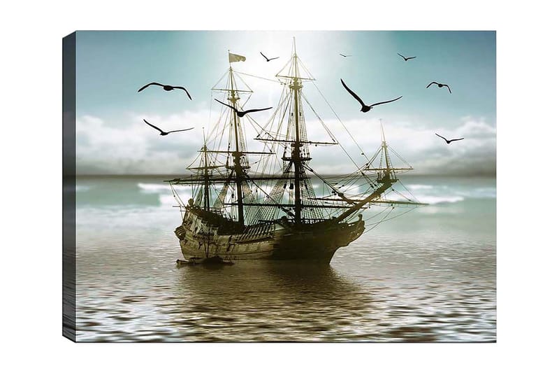 Canvas taulu 70x100 cm - Vanha purjelaiva navigoi tyynillä vesillä kirkkaan taivaan alla, Sininen / Harmaa / Ruskea