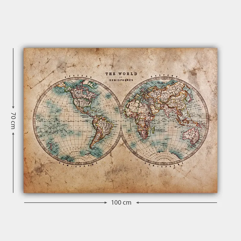 Canvas taulu 70x100 cm - Vanhanaikainen maailmankartta, jossa on kaksi pallonpuoliskoa, jotka esittävät mantereita ja valtameriä - Sininen / Ruskea / Beige - Sisustustuotteet - Taulu & taide - Canvas-taulu