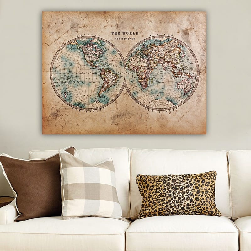 Canvas taulu 70x100 cm - Vanhanaikainen maailmankartta, jossa on kaksi pallonpuoliskoa, jotka esittävät mantereita ja valtameriä - Sininen / Ruskea / Beige - Sisustustuotteet - Taulu & taide - Canvas-taulu