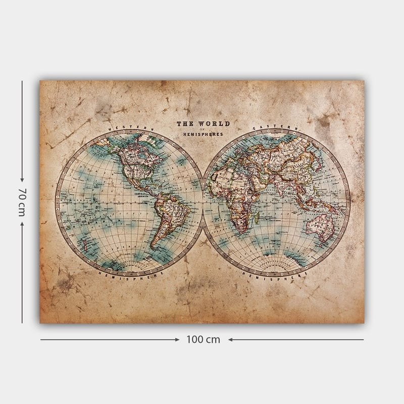 Canvas taulu 70x100 cm - Vanhanaikainen maailmankartta, jossa on kaksi pallonpuoliskoa, jotka esittävät mantereita ja valtameriä - Sininen / Ruskea / Beige - Sisustustuotteet - Taulu & taide - Canvas-taulu