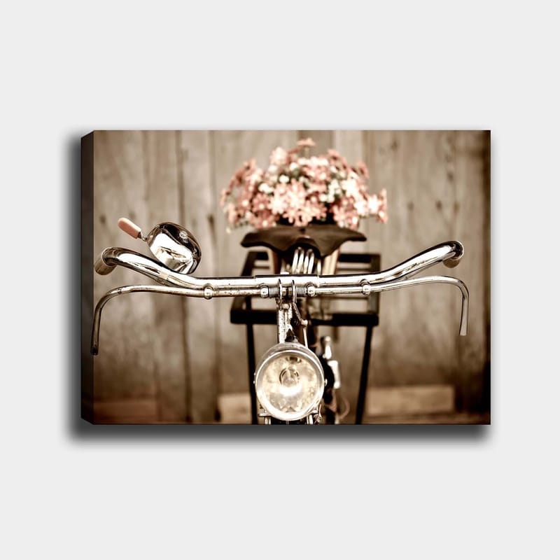 Canvas taulu 70x100 cm - Vanhanaikainen polkupyörä ja kukat korissa, Hopea / Vaaleanpunainen / Musta