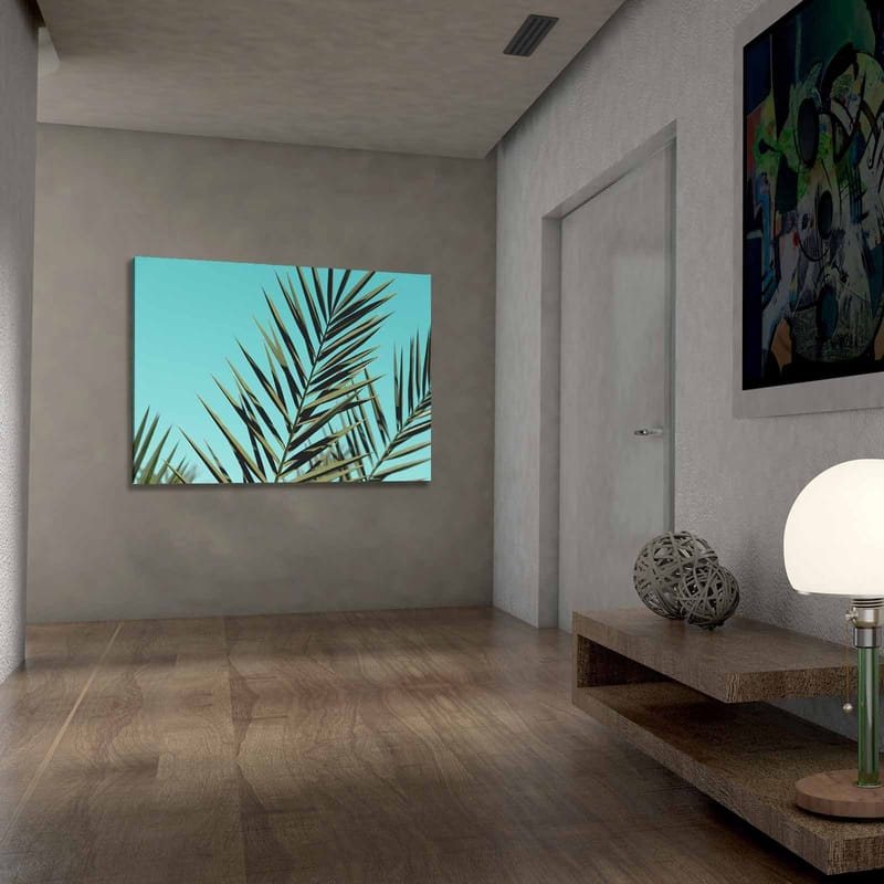 Canvas taulu 70x100 cm - Vehreitä palmunlehtiä kirkasta taivasta vasten - Turkoosi / Tummanvihreä - Sisustustuotteet - Taulu & taide - Canvas-taulu