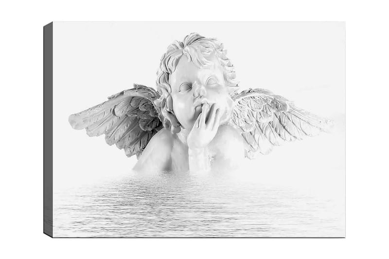 Canvas taulu 70x100 cm - Veistos siivellisestä enkelistä mietteliäässä asennossa, Valkoinen / Harmaa