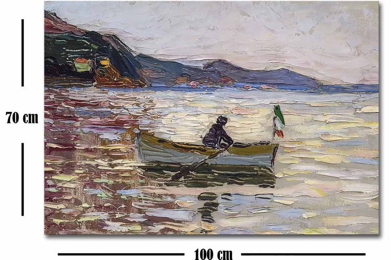 Canvas taulu 70x100 cm - Vene ja kaksi ihmistä kalastamassa kimaltelevalla järvellä kirkkaan taivaan alla - Sininen / Vihreä / Beige - Sisustustuotteet - Taulu & taide - Canvas-taulu