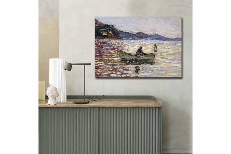 Canvas taulu 70x100 cm - Vene ja kaksi ihmistä kalastamassa kimaltelevalla järvellä kirkkaan taivaan alla - Sininen / Vihreä / Beige - Sisustustuotteet - Taulu & taide - Canvas-taulu