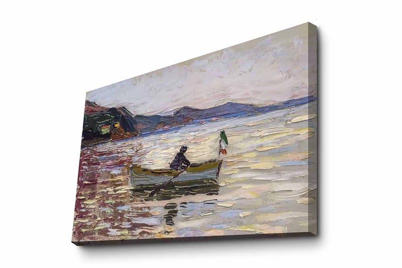 Canvas taulu 70x100 cm - Vene ja kaksi ihmistä kalastamassa kimaltelevalla järvellä kirkkaan taivaan alla, Sininen / Vihreä / Beige