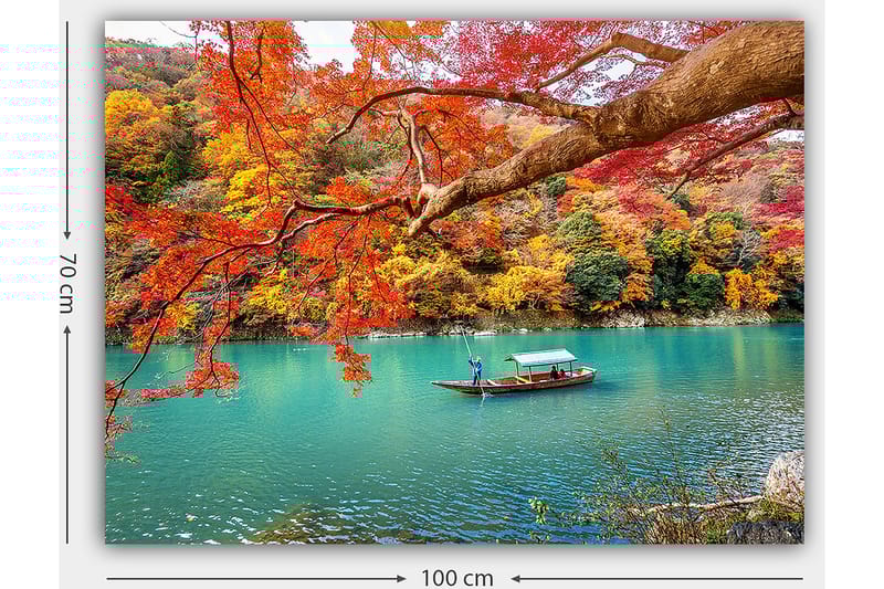Canvas taulu 70x100 cm - Vene liukuu turkoosilla järvellä värikkäiden syksynlehtien ympäröimänä - Punainen / Keltainen / Turkoosi - Sisustustuotteet - Taulu & taide - Canvas-taulu