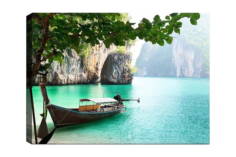Canvas taulu 70x100 cm - Vene makaa paikallaan trooppisella rannalla, kivien ja kirkkaan turkoosin veden ympäröimänä - Turkoosi / Vihreä / Ruskea - Sisustustuotteet - Taulu & taide - Canvas-taulu