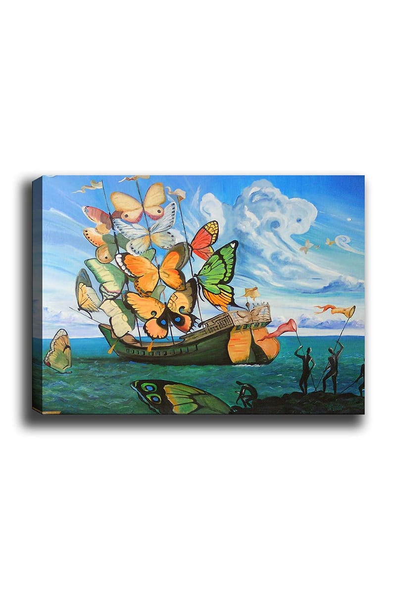 Canvas taulu 70x100 cm - Vene täynnä värikkäitä perhosia kellumassa meren yllä, Oranssi / Vihreä / Sininen