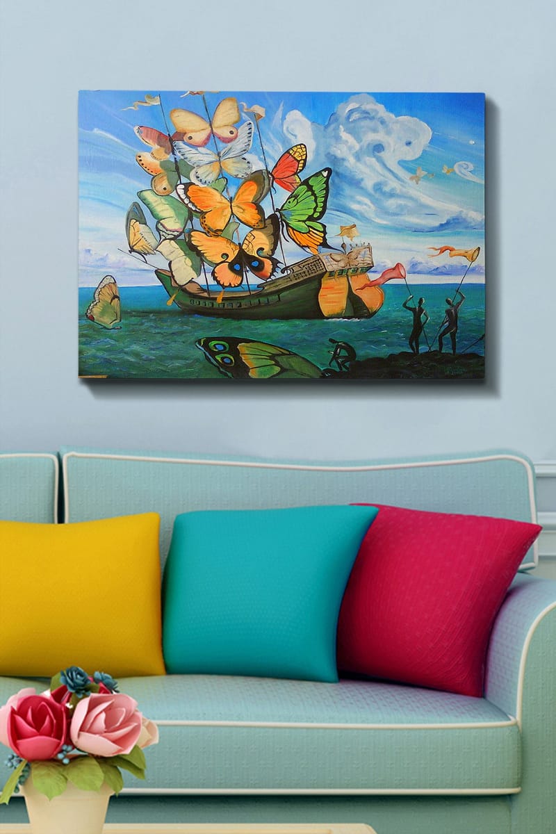 Canvas taulu 70x100 cm - Vene täynnä värikkäitä perhosia kellumassa meren yllä - Oranssi / Vihreä / Sininen - Sisustustuotteet - Taulu & taide - Canvas-taulu