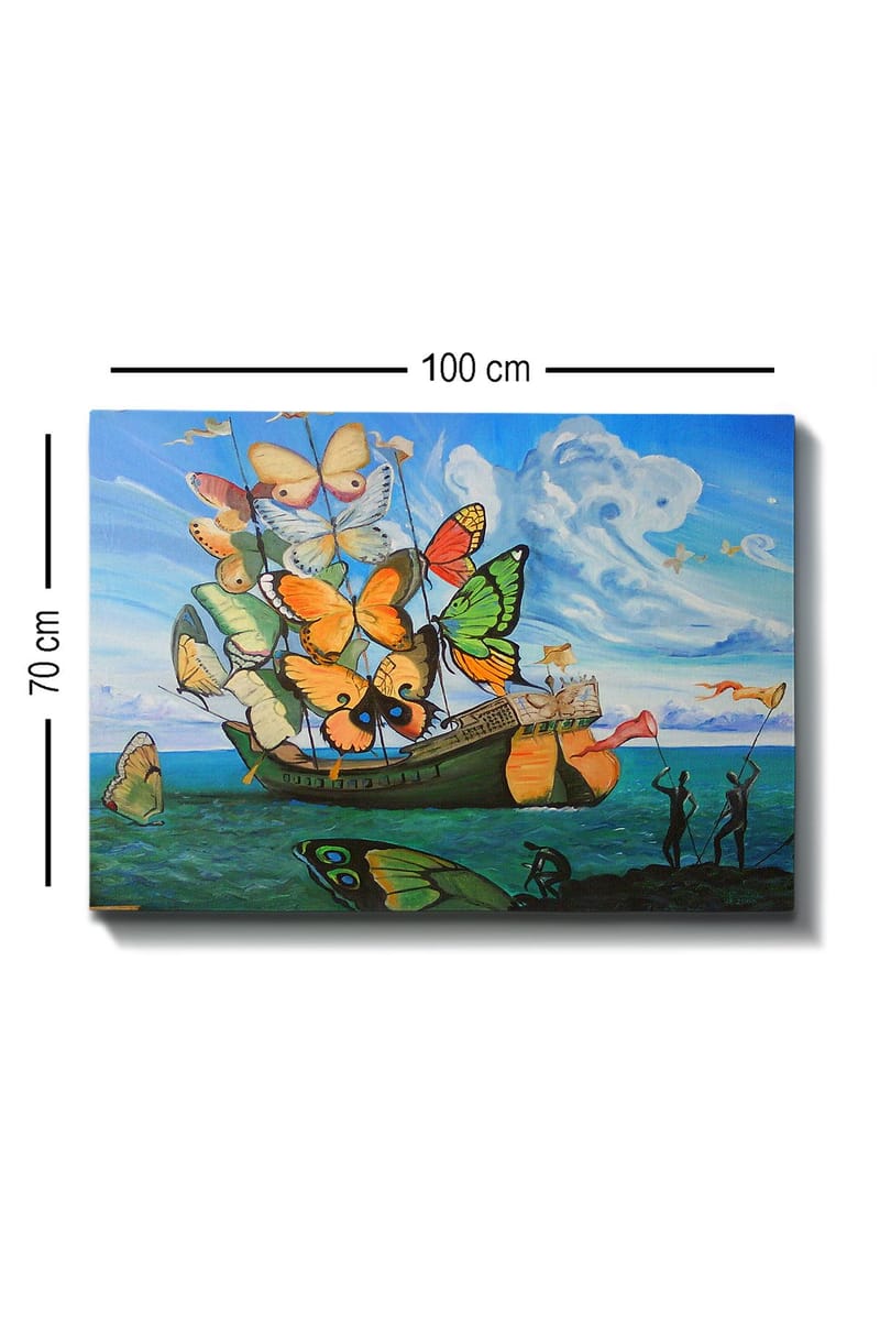 Canvas taulu 70x100 cm - Vene täynnä värikkäitä perhosia kellumassa meren yllä - Oranssi / Vihreä / Sininen - Sisustustuotteet - Taulu & taide - Canvas-taulu