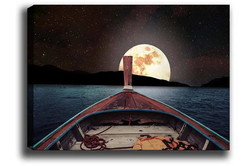 Canvas taulu 70x100 cm - Vene purjehtii kohti suurta, kirkasta kuuta yötaivaalla - Tummansininen / Ruskea / Kulta - Sisustustuotteet - Taulu & taide - Canvas-taulu